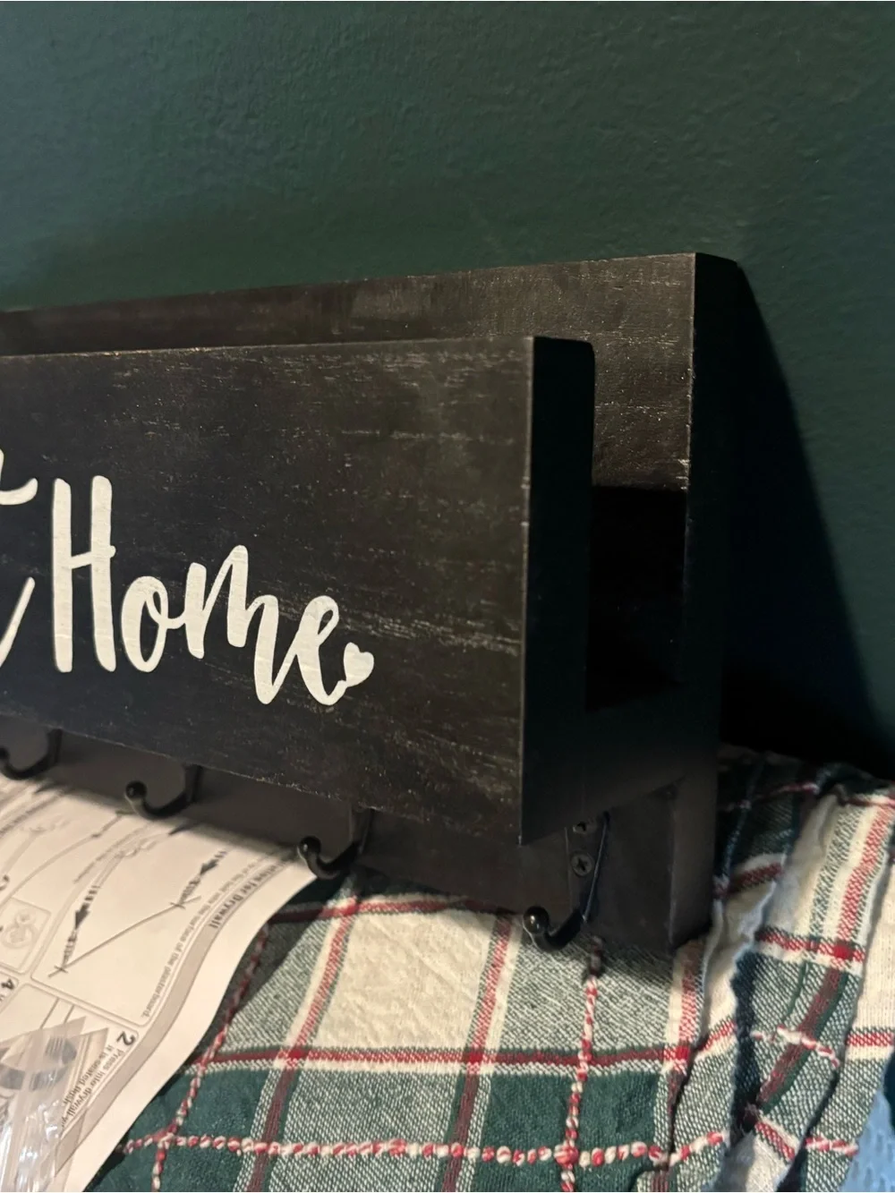 Home Sweet Home Black Wooden Wall Mail/Key Holder with Hooks Hardware Included